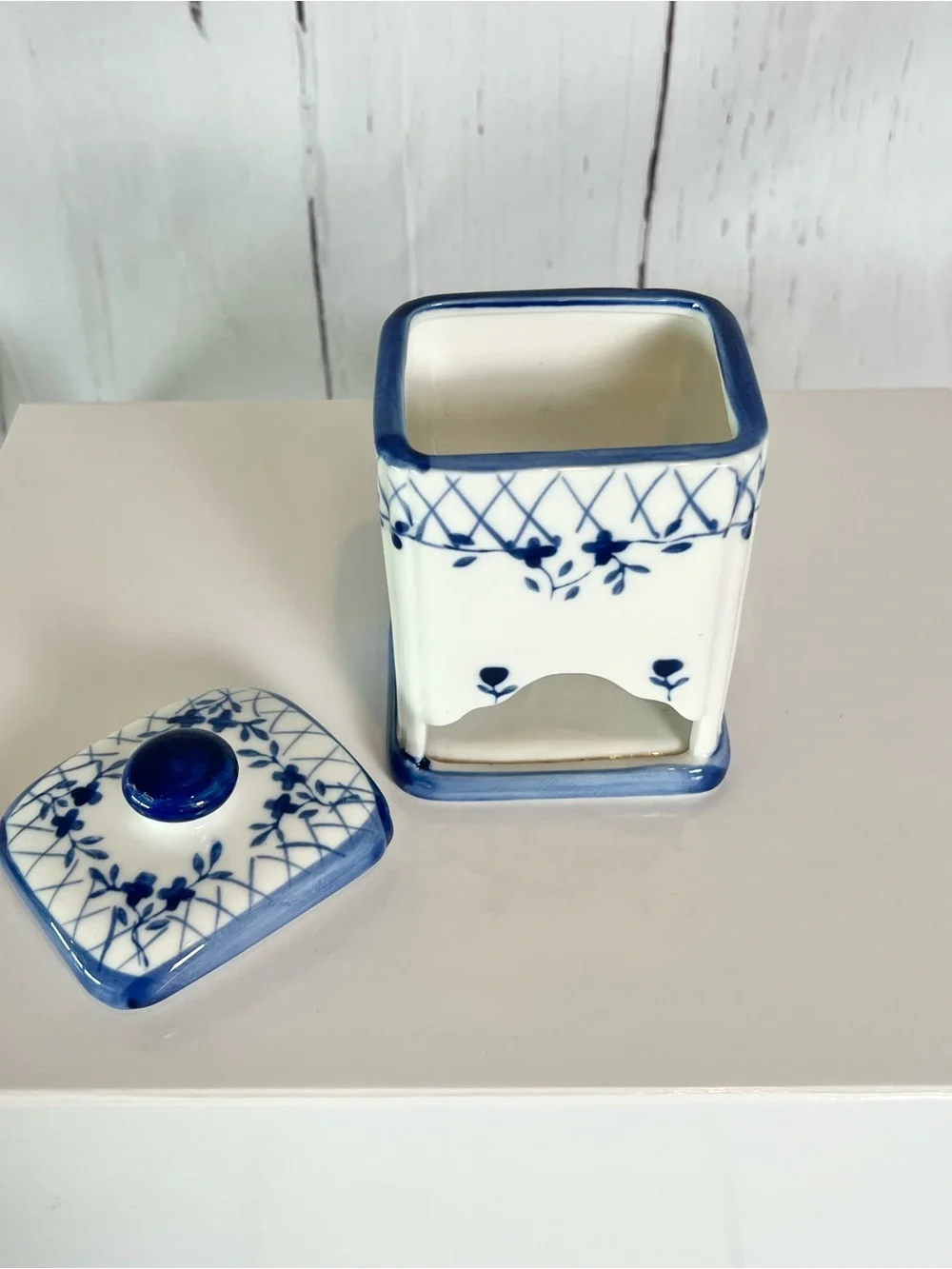 Vintage Blue & White Ceramic Tea Bag, sugar packet Dispenser Cottagecore Decor
